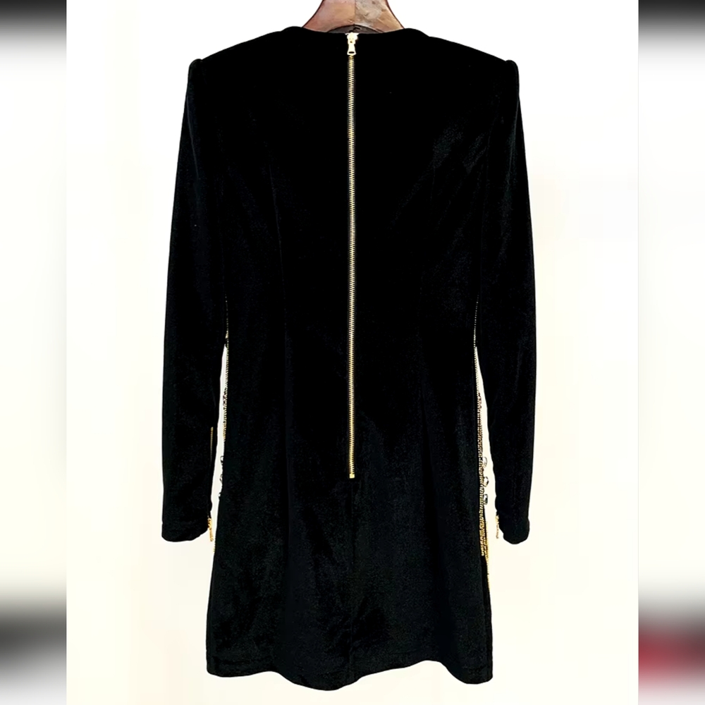 Women's Long Sleeve Stunning Sequined Rhinestone  Beaded Velvet Dress - Picture 4 of 11